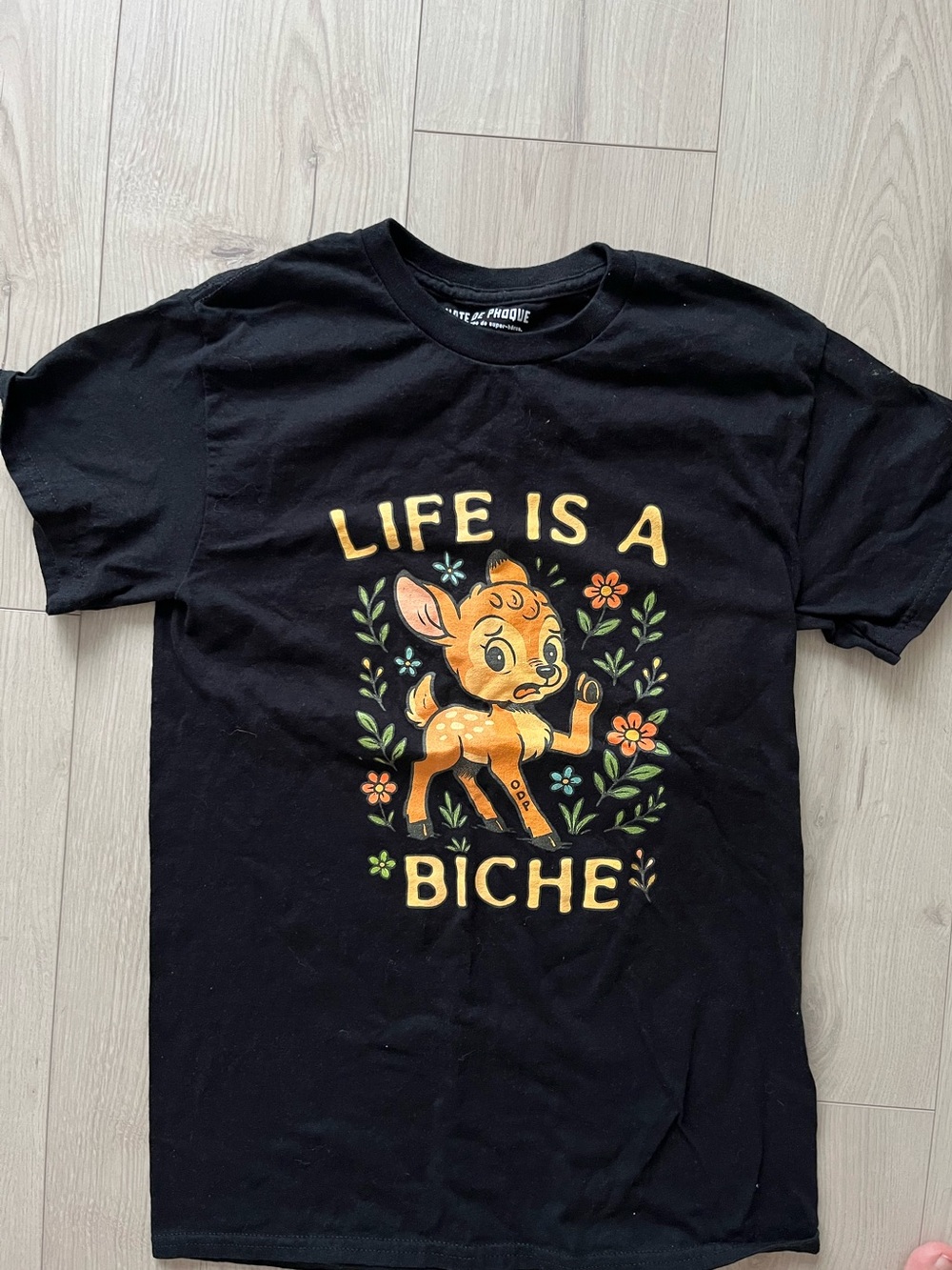 Black Graphic T-Shirt "Life Is A Biche" with Deer Print
